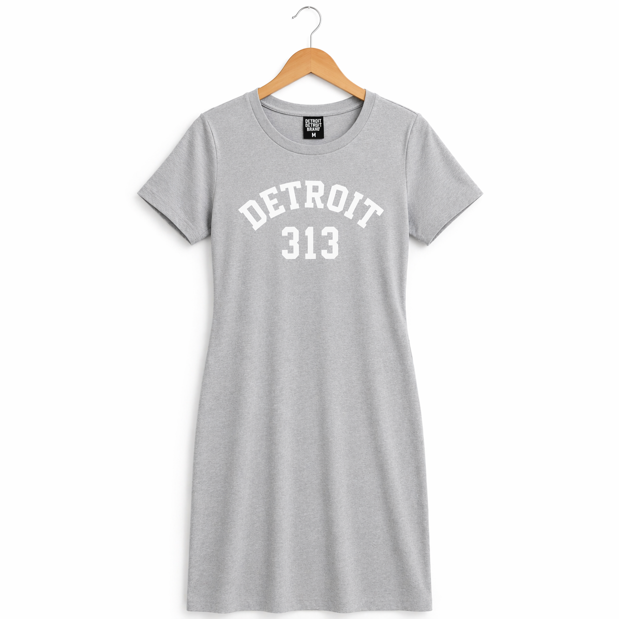 Grey Detroit 313 maxi t-shirt dress hanging on wooden hanger against white background, front view showing fitted shape and printed design
