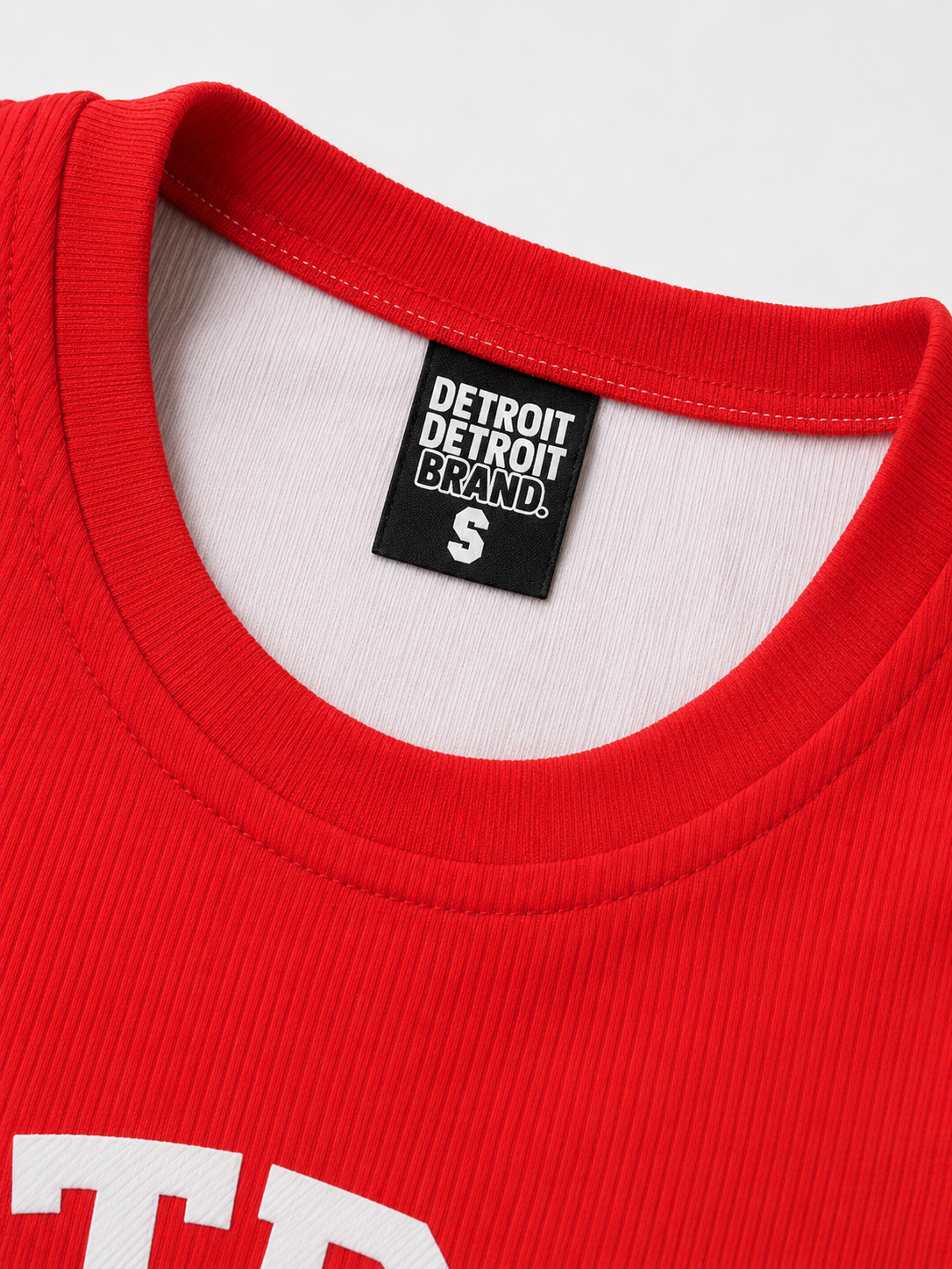 Detroit Detroit Brand label and neckline detail on red Detroit 313 maxi dress