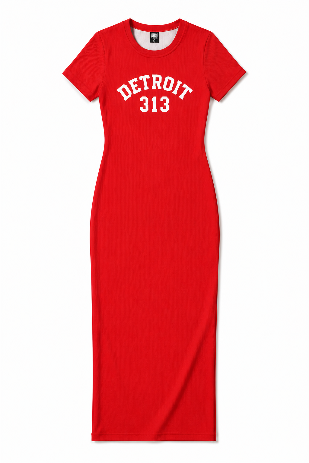 Women's red Detroit 313 short sleeve fitted maxi dress front product view