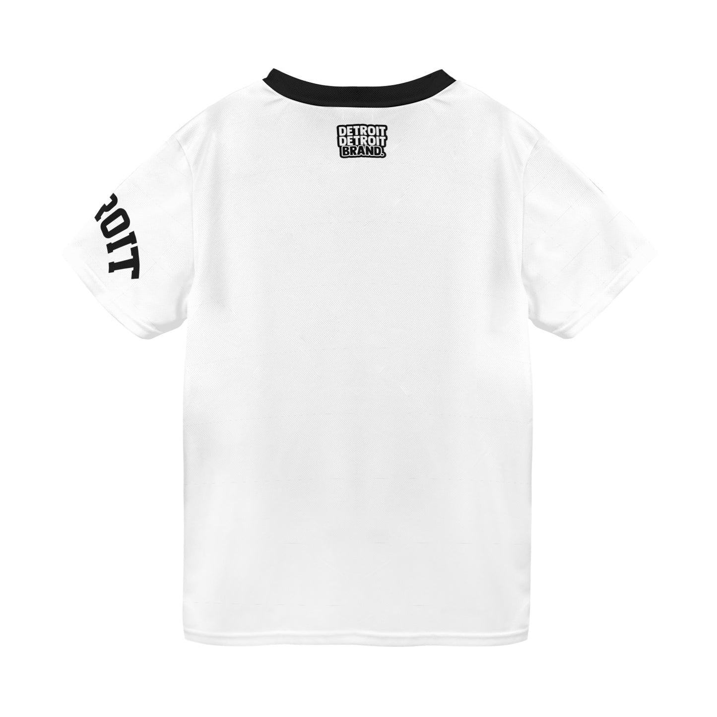 Back view of white Detroit varsity 313 t-shirt showing Detroit Detroit Brand logo and sleeve print detail