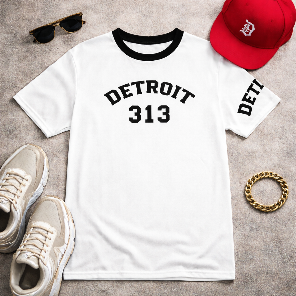 White Detroit 313 varsity t-shirt flat lay with red Detroit hat, beige sneakers, sunglasses, and bracelet styled on neutral background