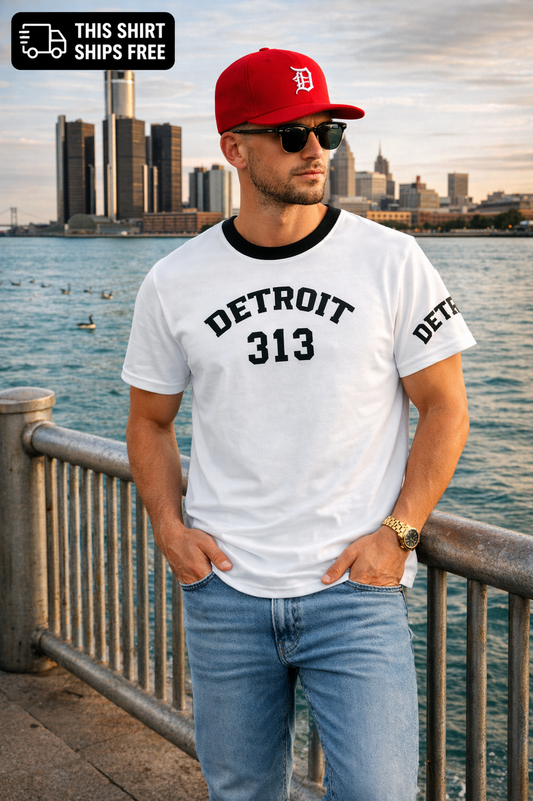 Man wearing a white t-shirt with 'Detroit 313' design, red cap, and sunglasses, standing by a waterfront with city skyline.