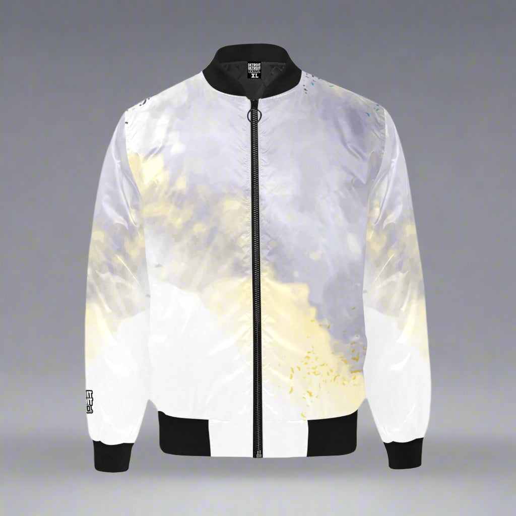 White, grey, and gold cloud-fade bomber jacket with black collar and cuffs, modern Detroit streetwear style