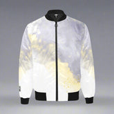 White, grey, and gold cloud-fade bomber jacket with black collar and cuffs, modern Detroit streetwear style