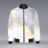 White, grey, and gold cloud-fade bomber jacket with black collar and cuffs, modern Detroit streetwear style
