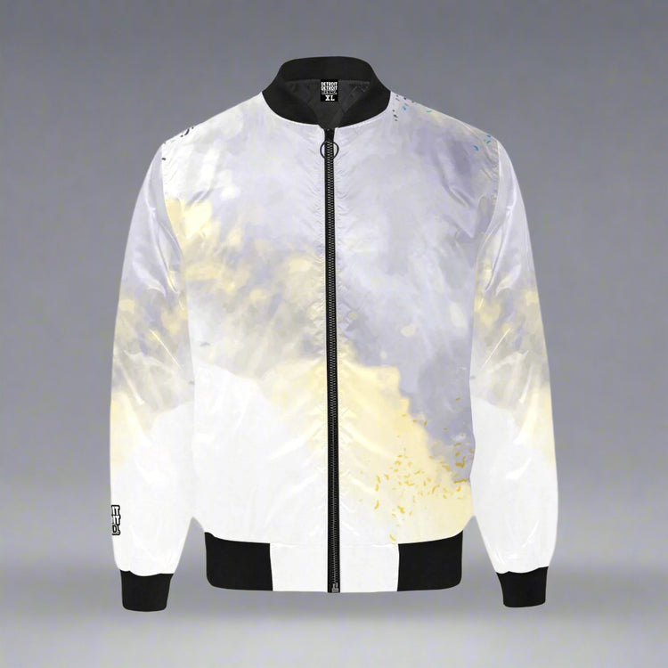 White, grey, and gold cloud-fade bomber jacket with black collar and cuffs, modern Detroit streetwear style