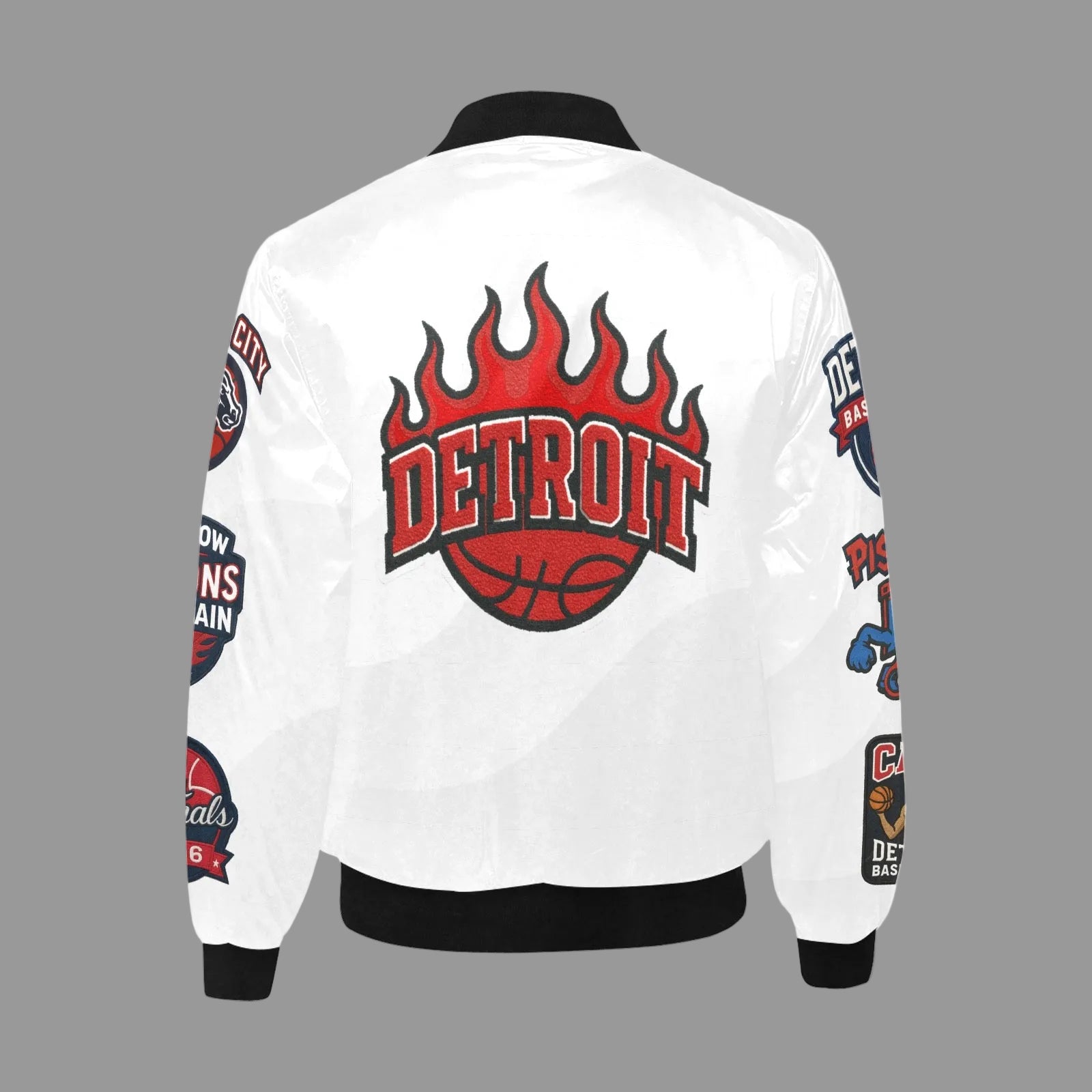 White Detroit Flames bomber jacket featuring embroidered flaming “D” logo on the chest, black ribbed collar and cuffs, and Detroit sports-inspired sleeve patches.
