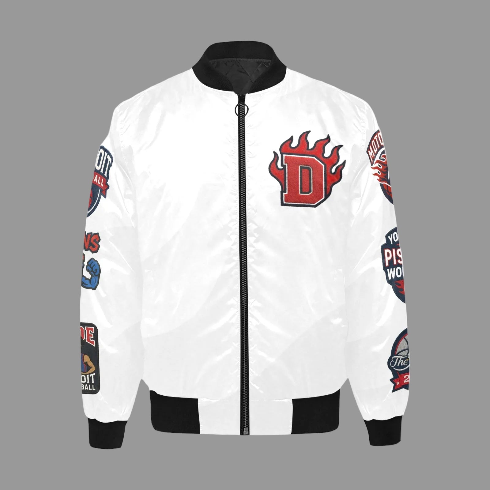 White Detroit Flames bomber jacket featuring embroidered flaming “D” logo on the chest, black ribbed collar and cuffs, and Detroit sports-inspired sleeve patches.