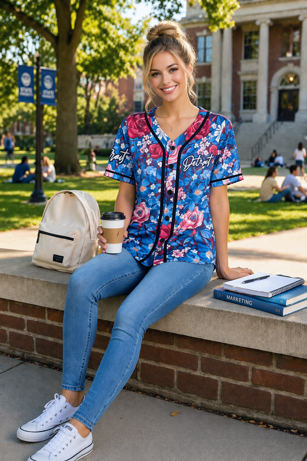Woman wearing Detroit floral baseball jersey sitting on college campus with coffee and backpack, casual lifestyle streetwear look