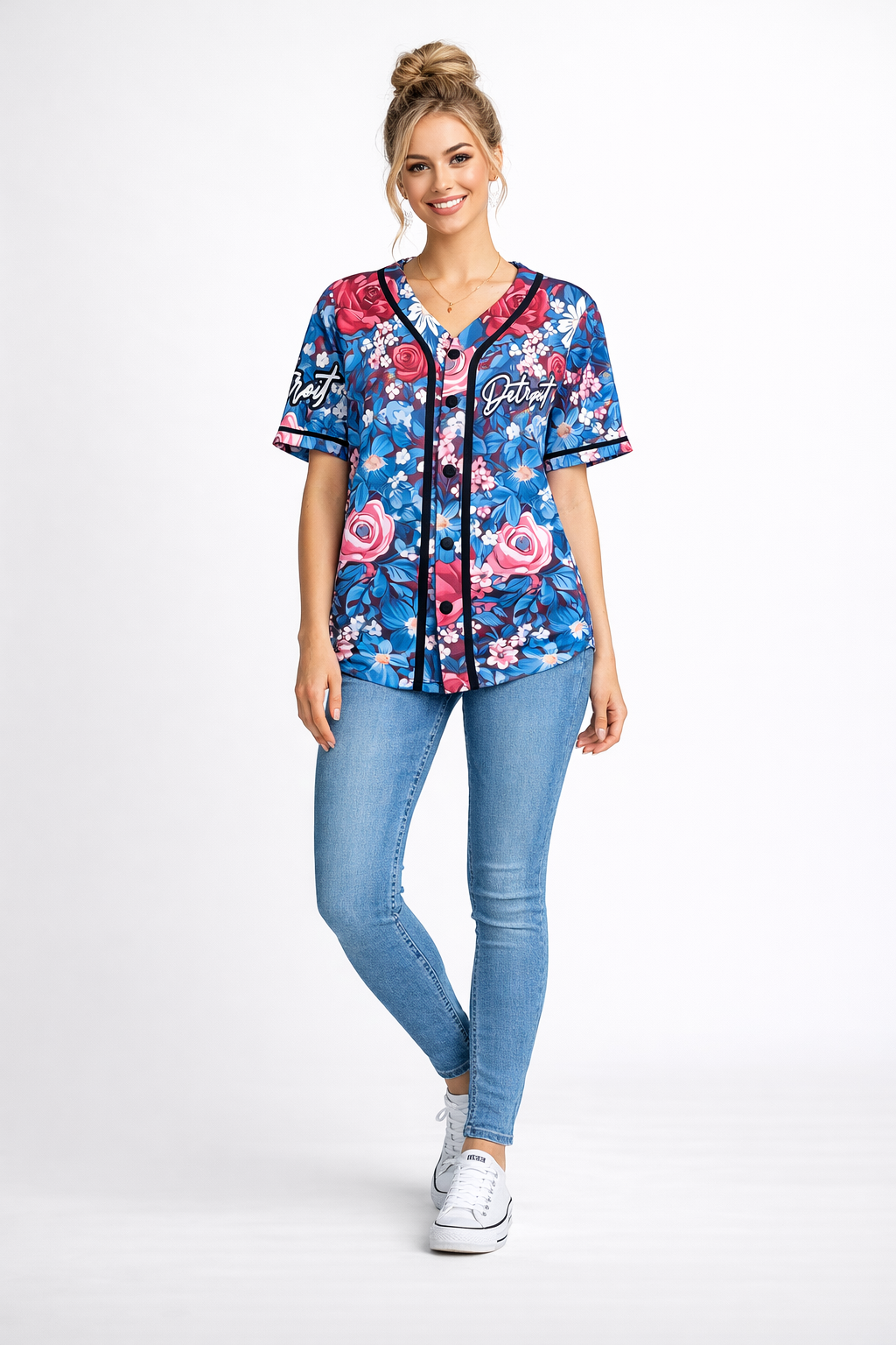 Women’s Detroit floral baseball jersey full body front view with blue and pink flower pattern, styled with jeans and white sneakers