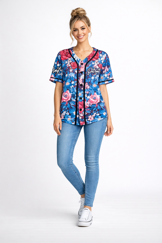 Women’s Detroit floral baseball jersey full body front view with blue and pink flower pattern, styled with jeans and white sneakers