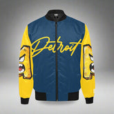 Detroit Game Day bomber jacket inspired by U of M colors with bold sleeve graphics