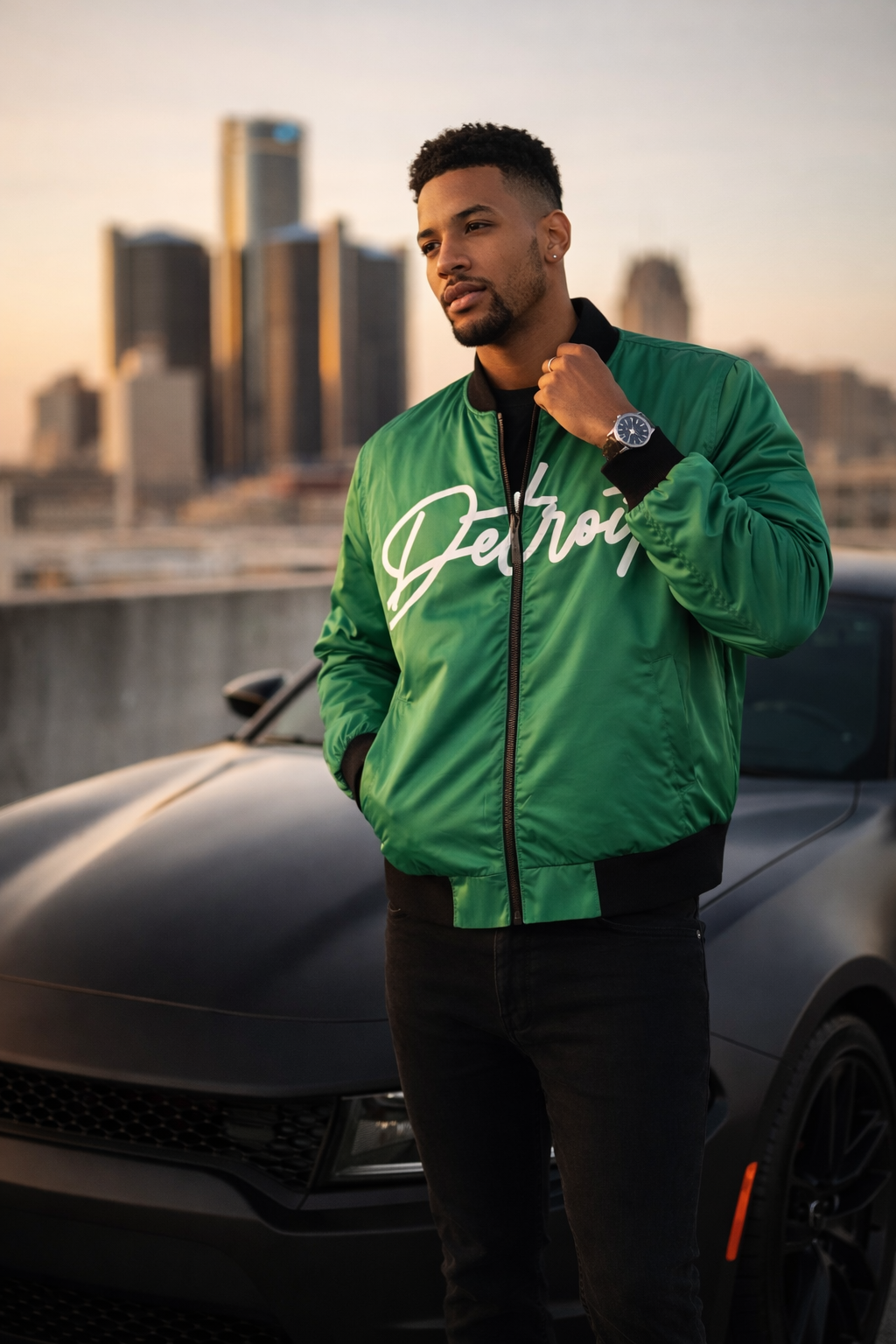 Man wearing a green jacket with 'Detroit' text, standing in front of a city skyline.