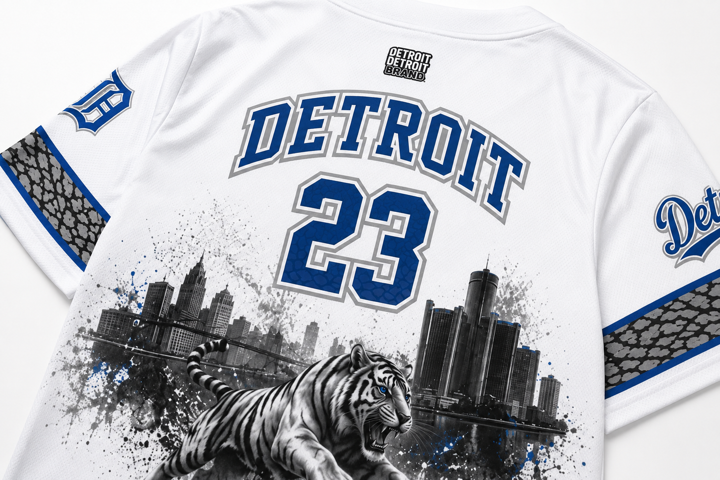 Close-up of the back artwork on the Detroit Heritage Baseball Jersey featuring the Detroit skyline, roaring tiger illustration, and number 23 graphic.