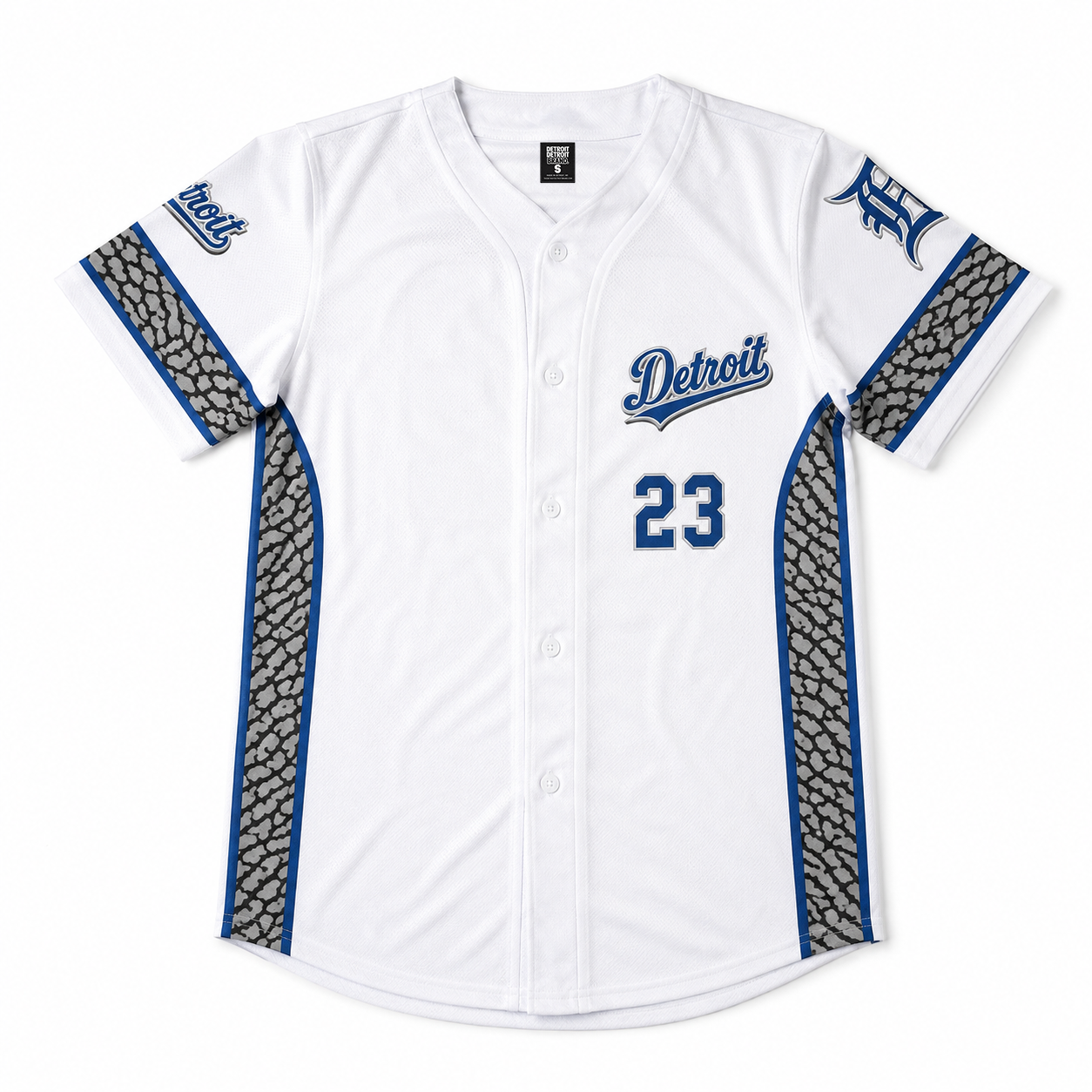 Flat lay of the front of the Detroit Heritage White & Blue Baseball Jersey featuring Detroit script, number 23, elephant-print side panels, and Old English D sleeve logo.