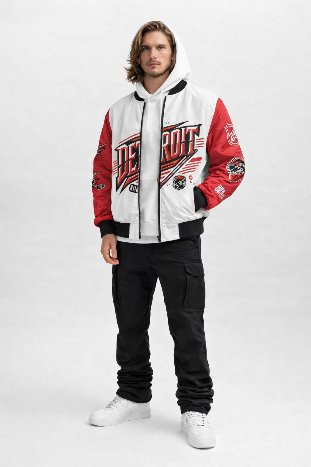 Person wearing a red and white 'Red Wings'  jacket with 'Detroit' text on a white background