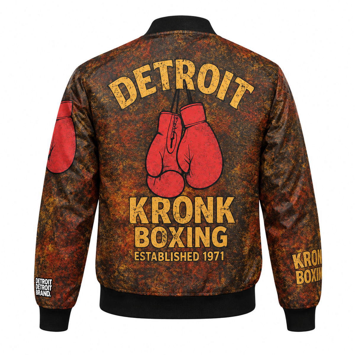 Back of Detroit Kronk Boxing bomber jacket with red boxing gloves and Established 1971 graphic