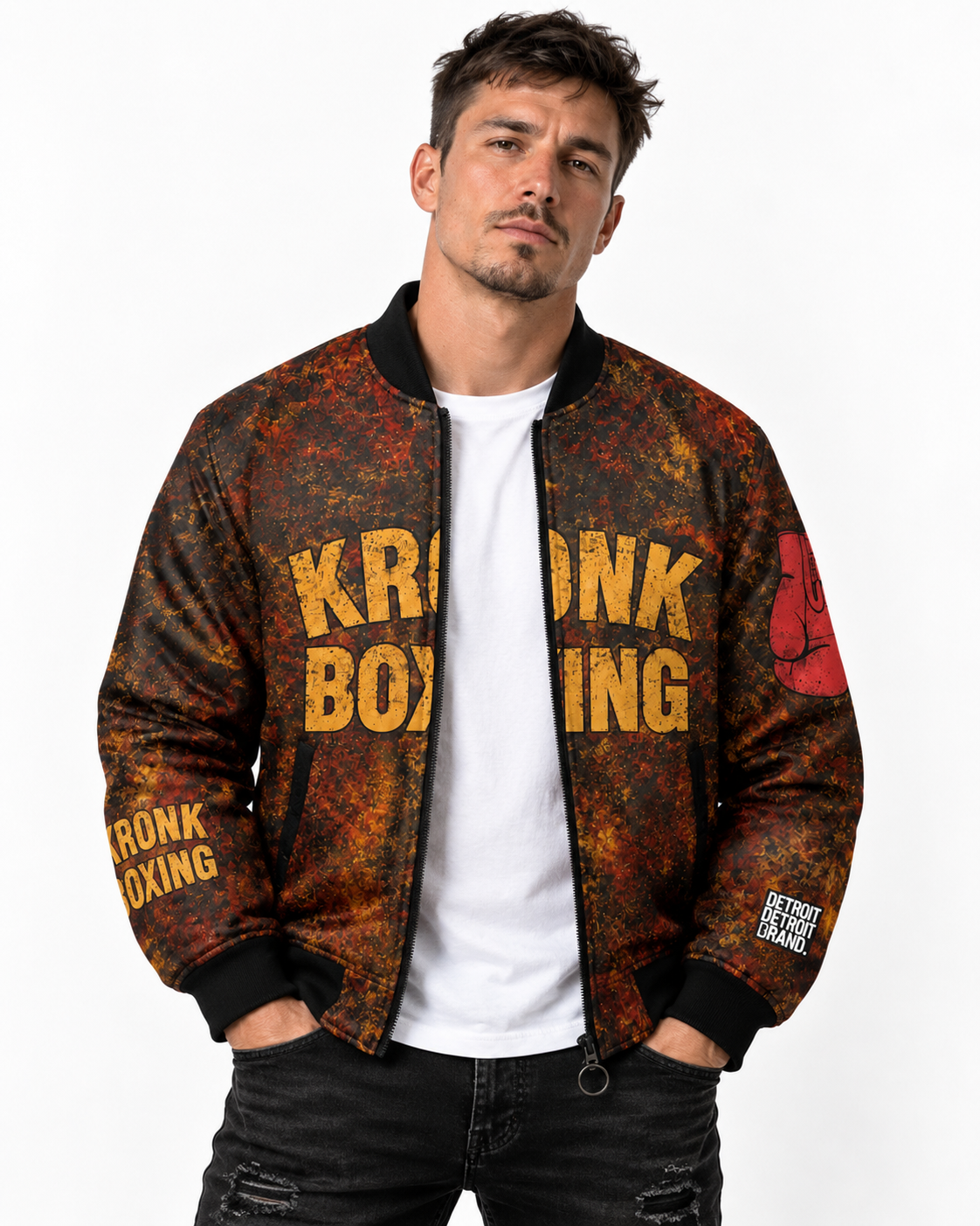 Male model wearing Detroit Kronk Boxing graphic bomber jacket front view on white background