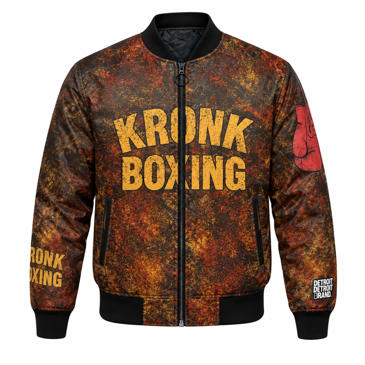 Detroit Kronk Boxing graphic bomber jacket front with printed boxing graphics and black ribbed trim