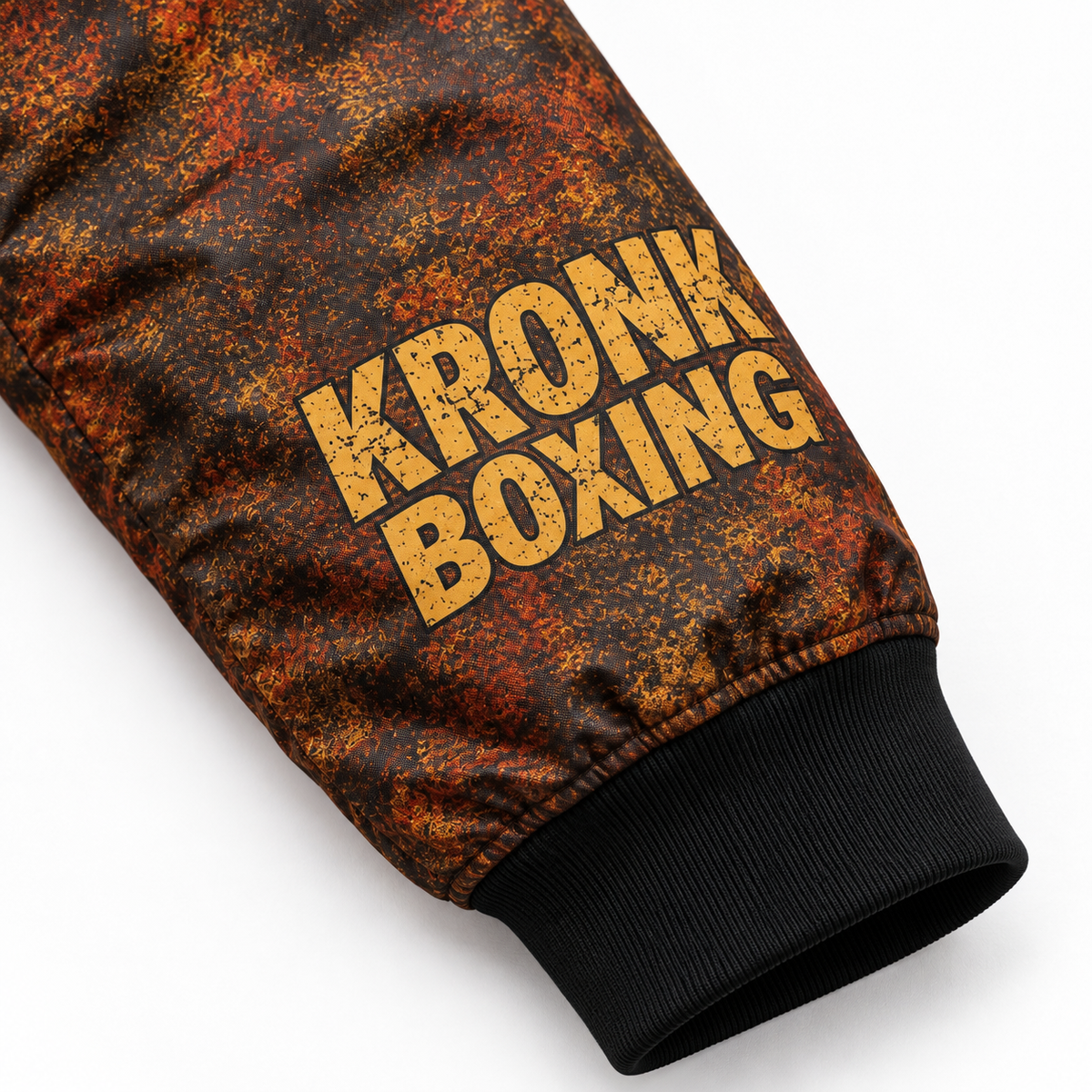 Close-up of Kronk Boxing printed sleeve graphic on Detroit bomber jacket