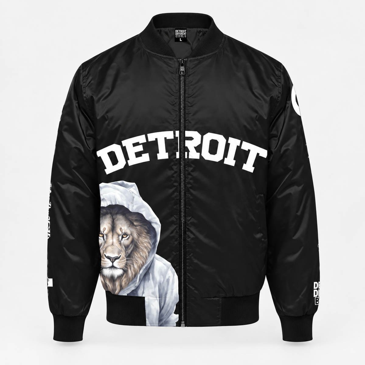 Front view of black Detroit lion graphic bomber jacket with white Detroit lettering