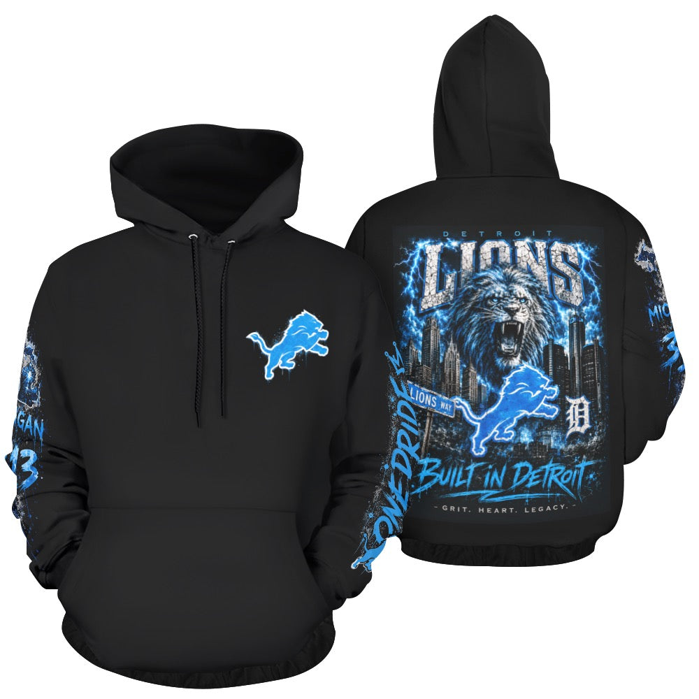 Front and back view of a black Detroit Lions-inspired hoodie featuring Honolulu blue sleeve graphics and a large Built in Detroit lion and skyline back design.
