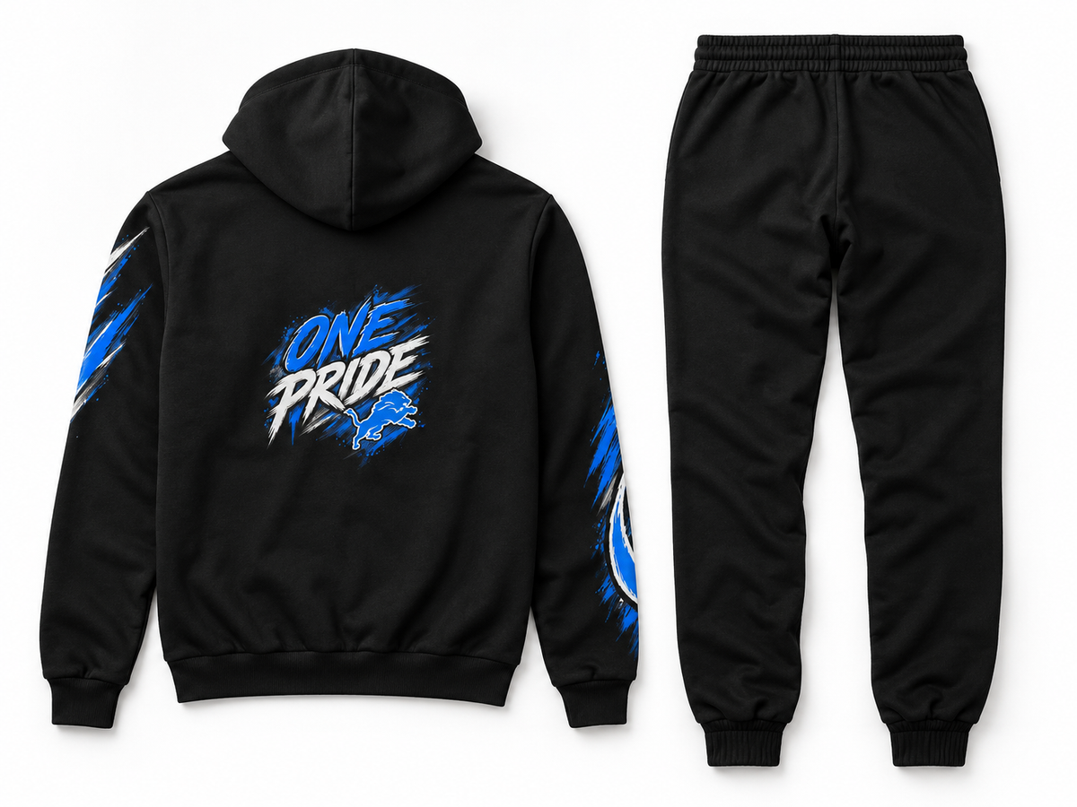 Back flat lay of Detroit One Pride hoodie and jogger set featuring One Pride back graphic