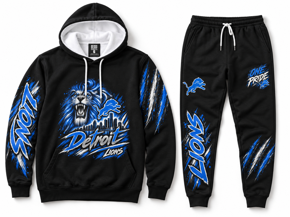 Detroit One Pride black polyester hoodie and jogger set front flat lay with blue and white graphics