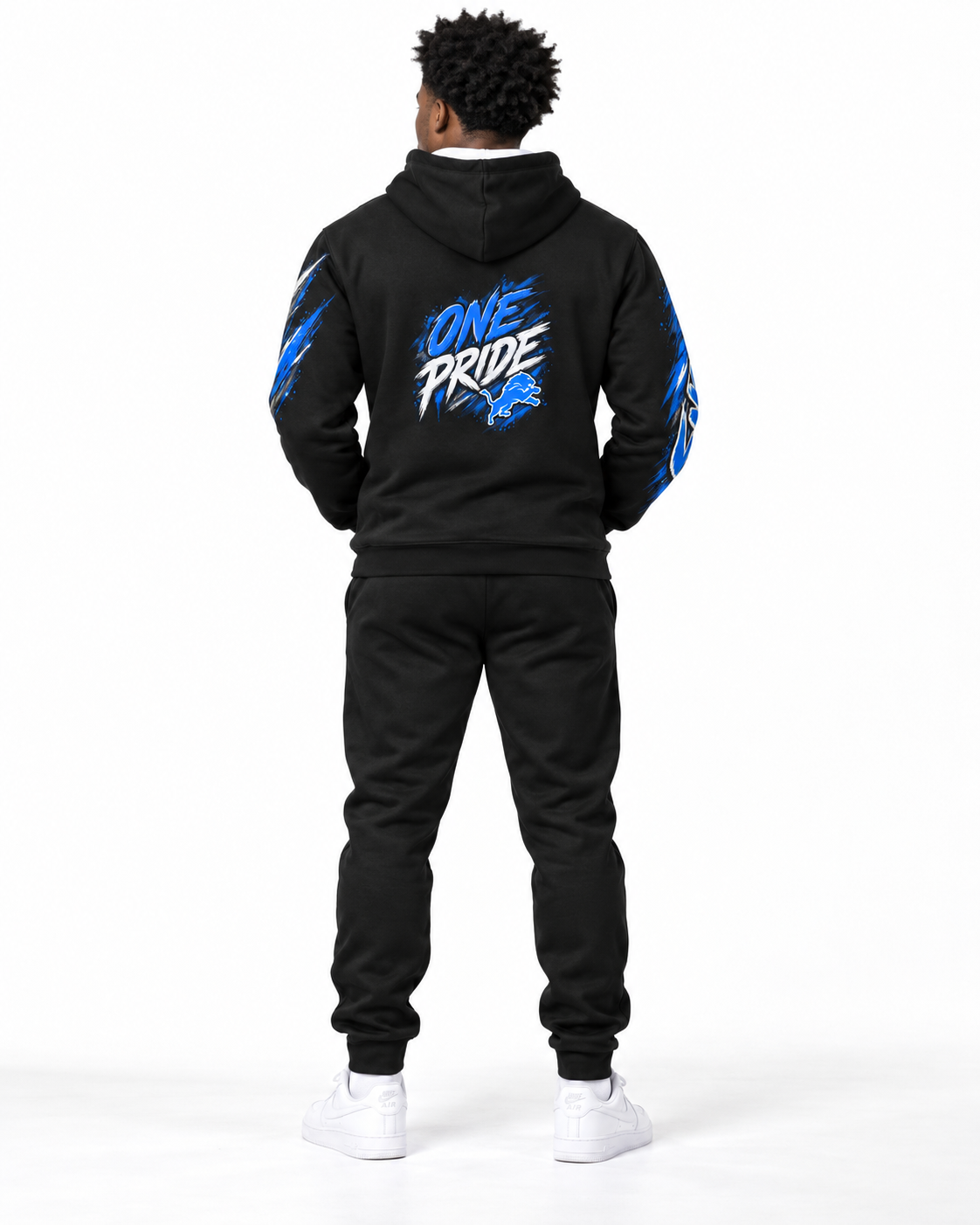 Male model wearing Detroit One Pride black hoodie and jogger set from the back