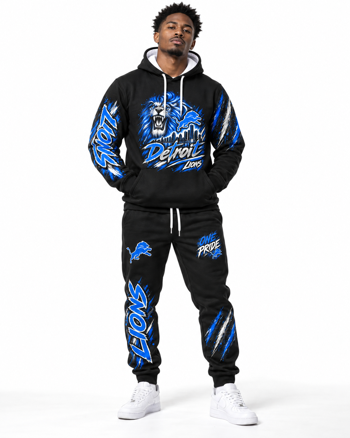 Male model wearing Detroit One Pride hoodie and jogger set front view on white background