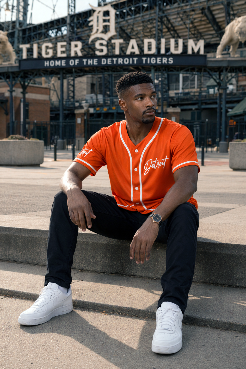 Man wearing orange Detroit baseball jersey sitting outside Tiger Stadium, Detroit streetwear lifestyle with urban city background