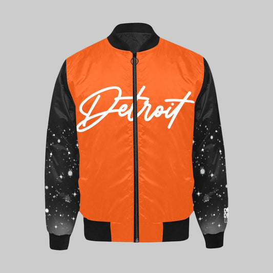 Orange jacket with 'Detroit' text and black sleeves on a white background