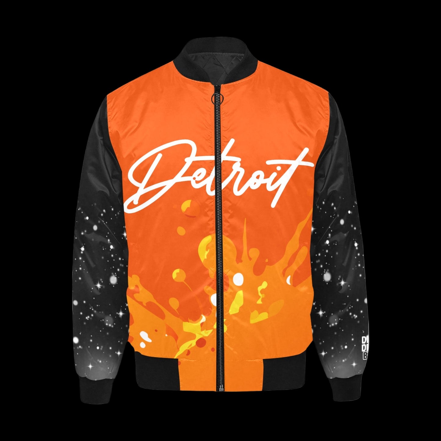 Bright orange Detroit bomber jacket with white script logo, black sleeves with white splatter design, and full front zipper