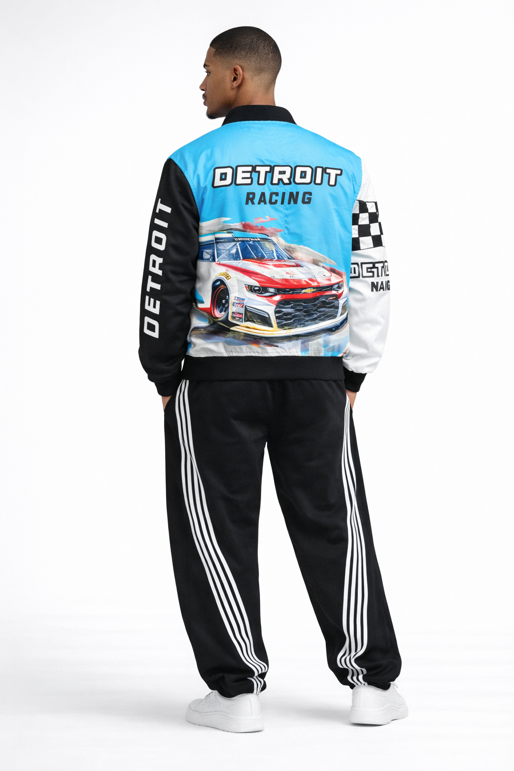 Back view of men’s Detroit Racing bomber jacket featuring large racing car graphic and Detroit Racing text on white studio background