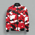 Red, black, and white camo bomber jacket with black collar and cuffs, Detroit streetwear style