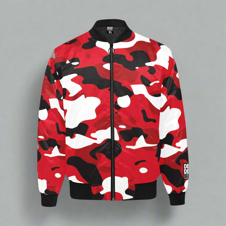 Red, black, and white camo bomber jacket with black collar and cuffs, Detroit streetwear style