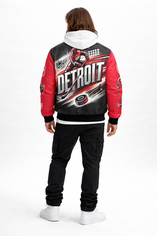 Person wearing a red and black 'Red Wings'  jacket with 'Detroit' branding on the back, standing against a white background.