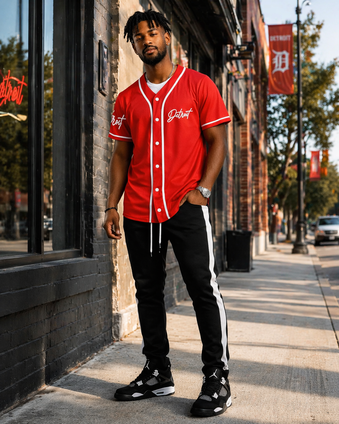 Lifestyle image of model wearing red Detroit script baseball jersey in urban streetwear setting styled with casual pants and sneakers