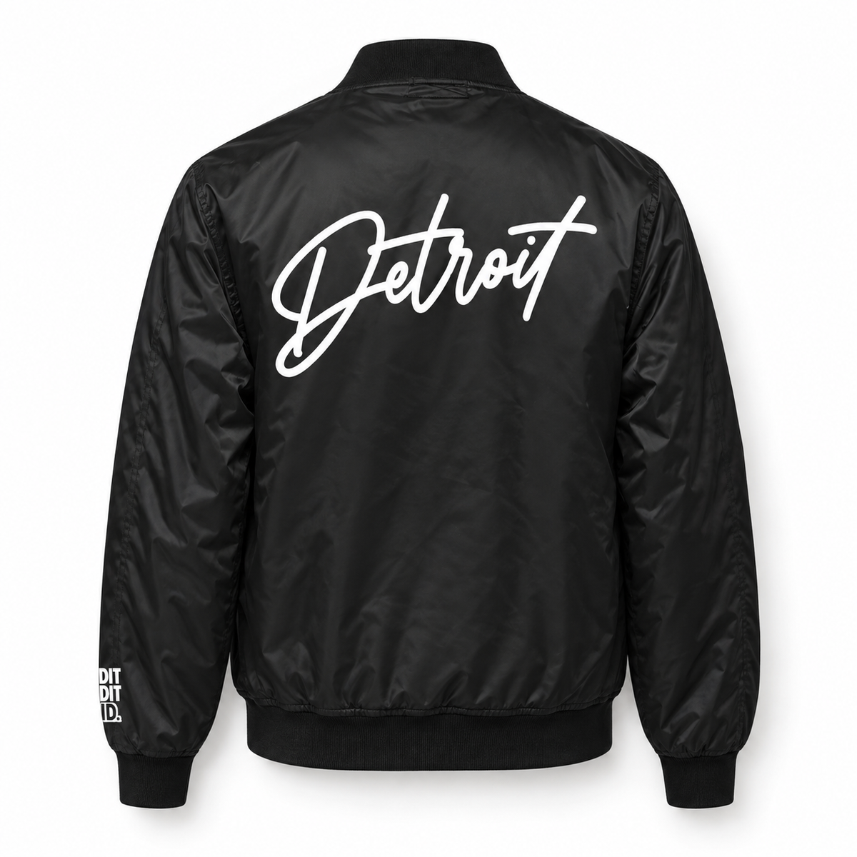Back of black Detroit Script Bomber Jacket with large white Detroit lettering