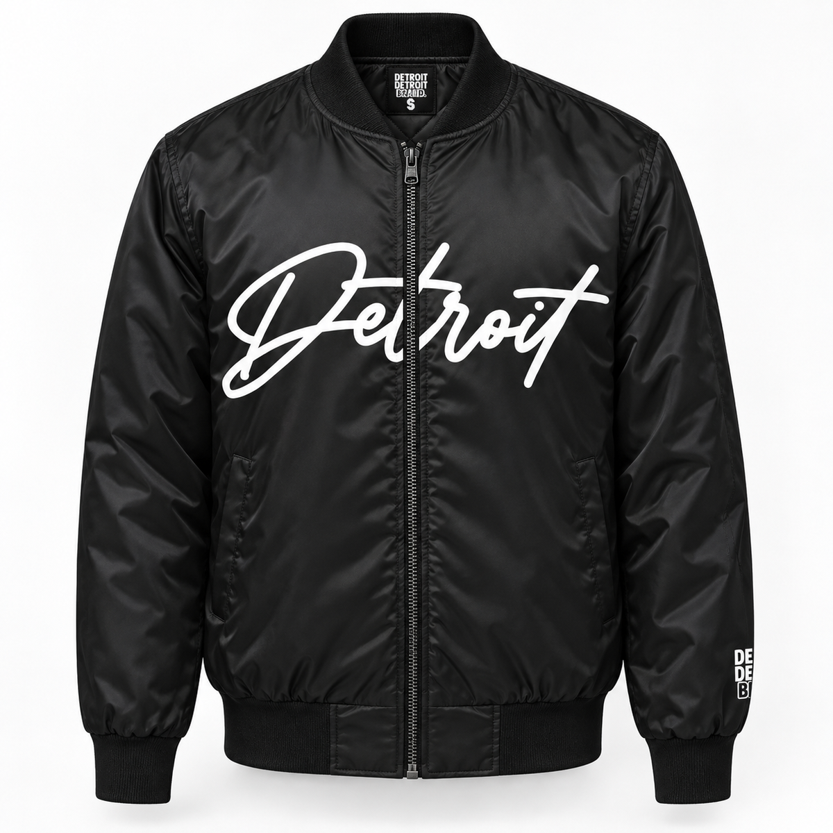 Black Detroit Script Bomber Jacket front with white Detroit script and sleeve detail