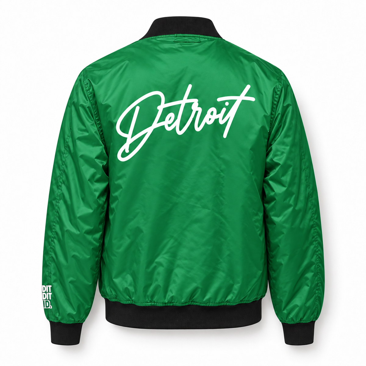 Back of green Detroit Script Bomber Jacket with large white Detroit script and black trim