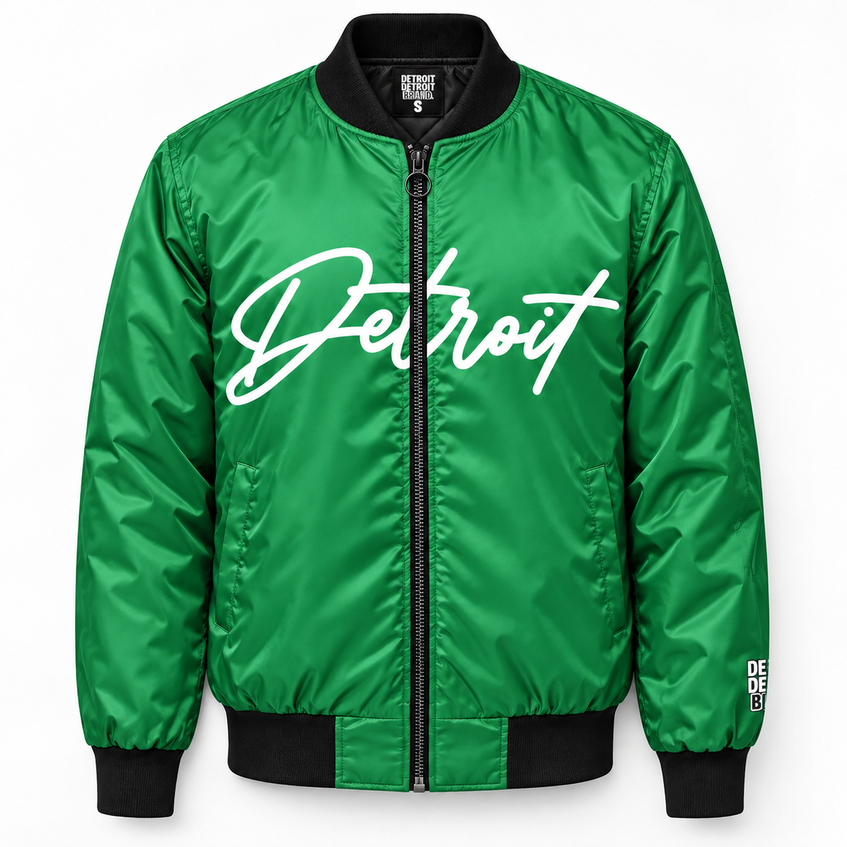 Green Detroit Script Bomber Jacket front with white Detroit lettering and black ribbed trim