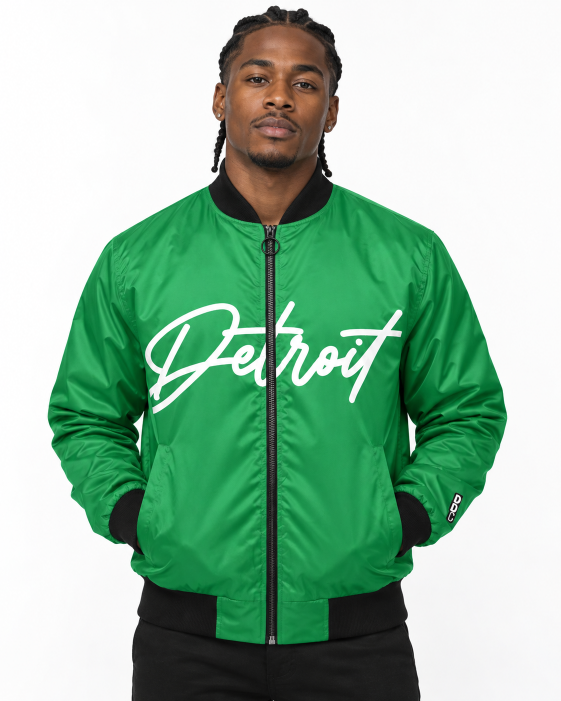 Male model wearing green Detroit Script Bomber Jacket with white Detroit lettering on front