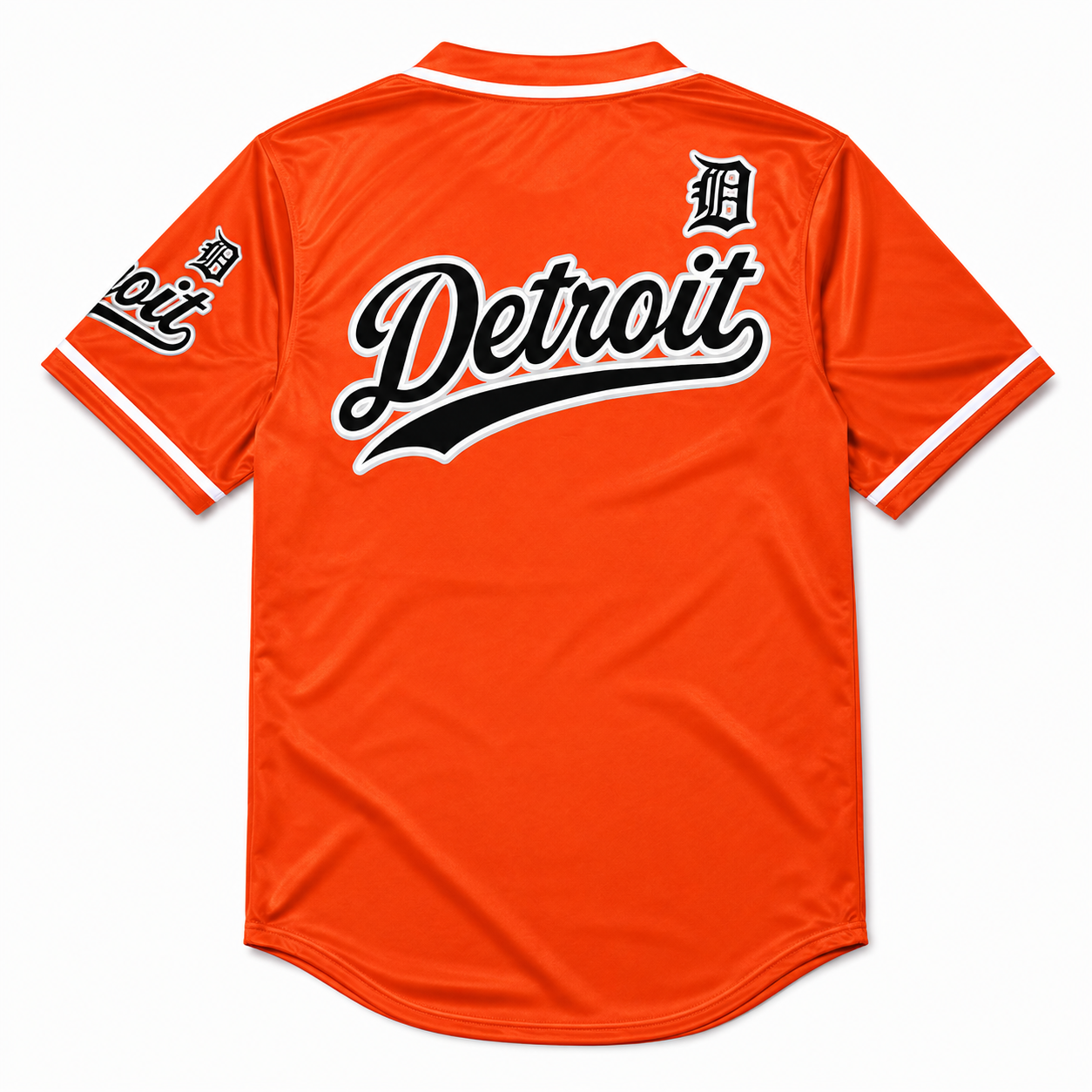 Flat lay back view of the Detroit Script Orange Baseball Jersey featuring oversized Detroit script graphic.