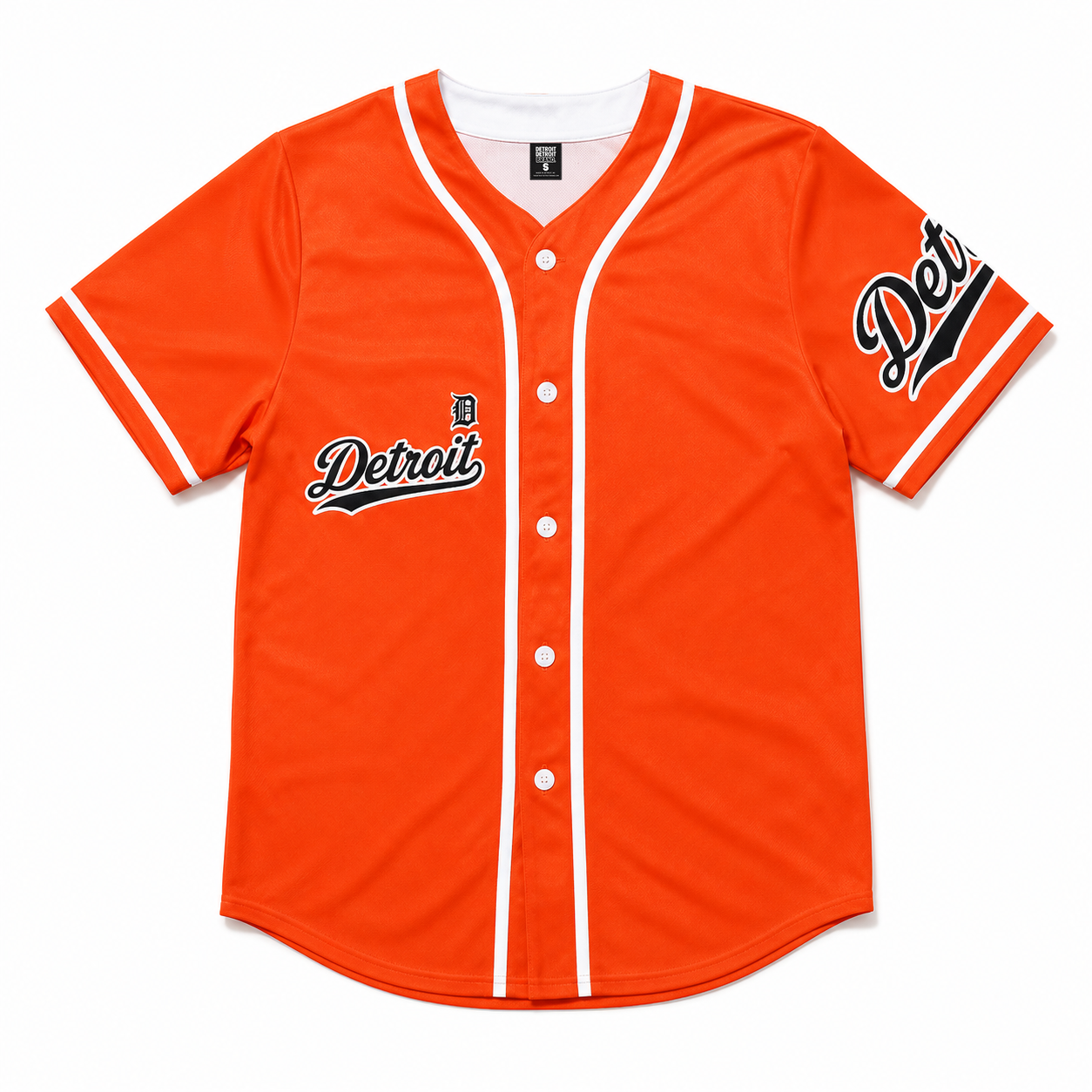 Flat lay front view of the Detroit Script Orange Baseball Jersey with white piping and Detroit graphics.