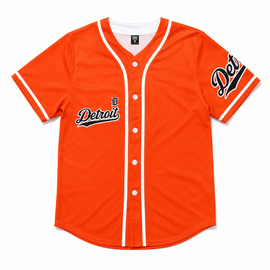 Flat lay front view of the Detroit Script Orange Baseball Jersey with white piping and Detroit graphics.