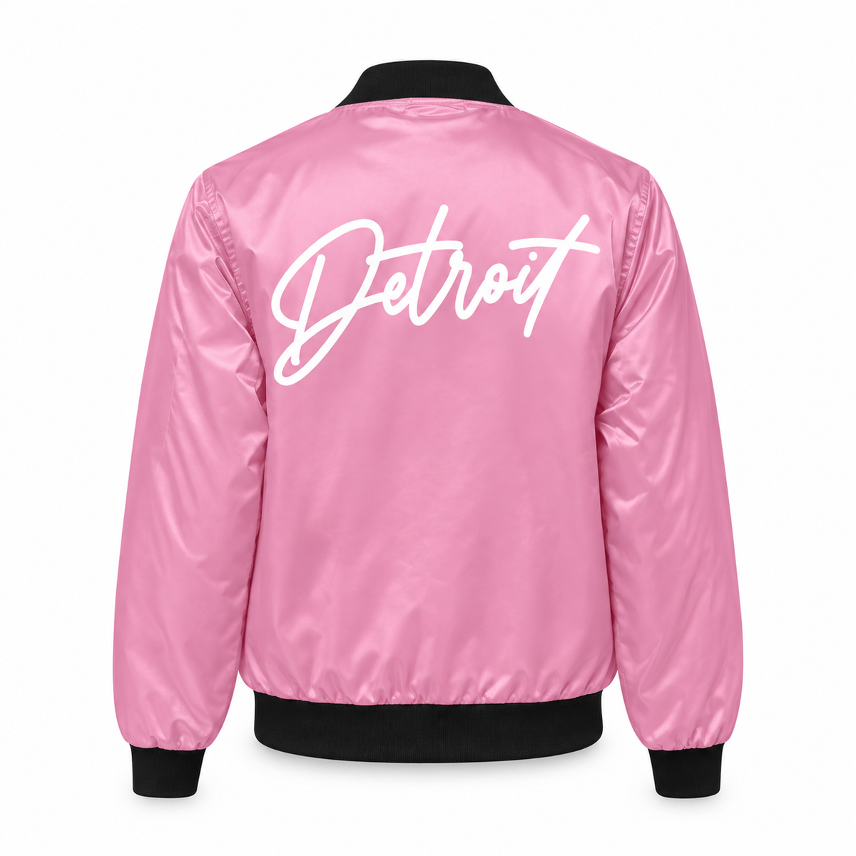 Back of Detroit Script pink bomber jacket with large white Detroit script graphic