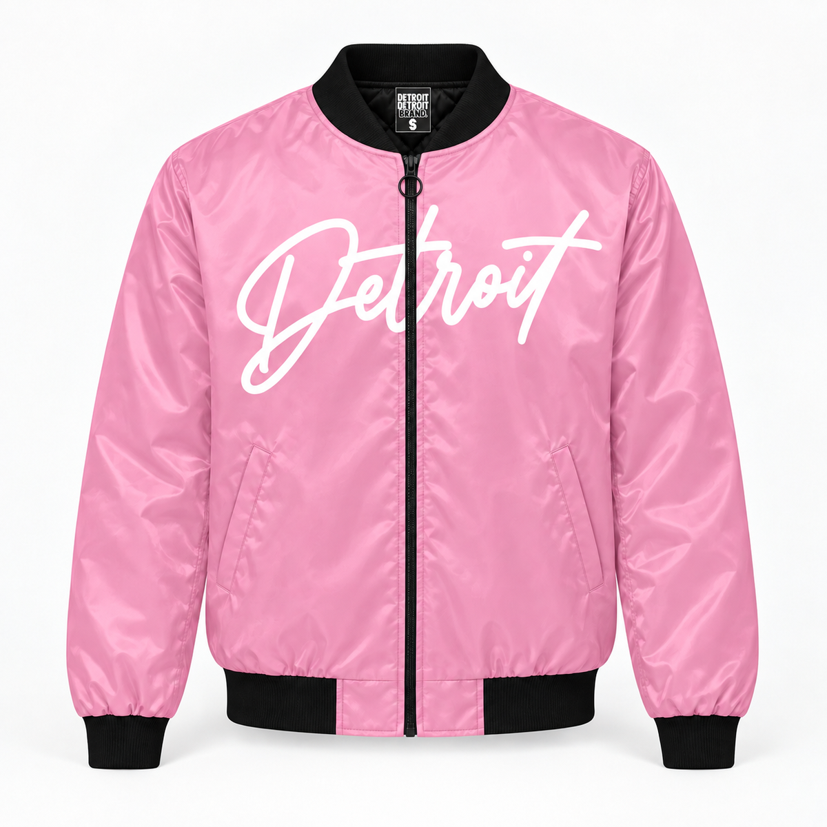 Detroit Script pink bomber jacket front with white Detroit lettering and black trim