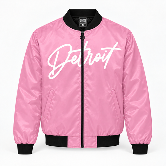 Detroit Script pink bomber jacket front with white Detroit lettering and black trim