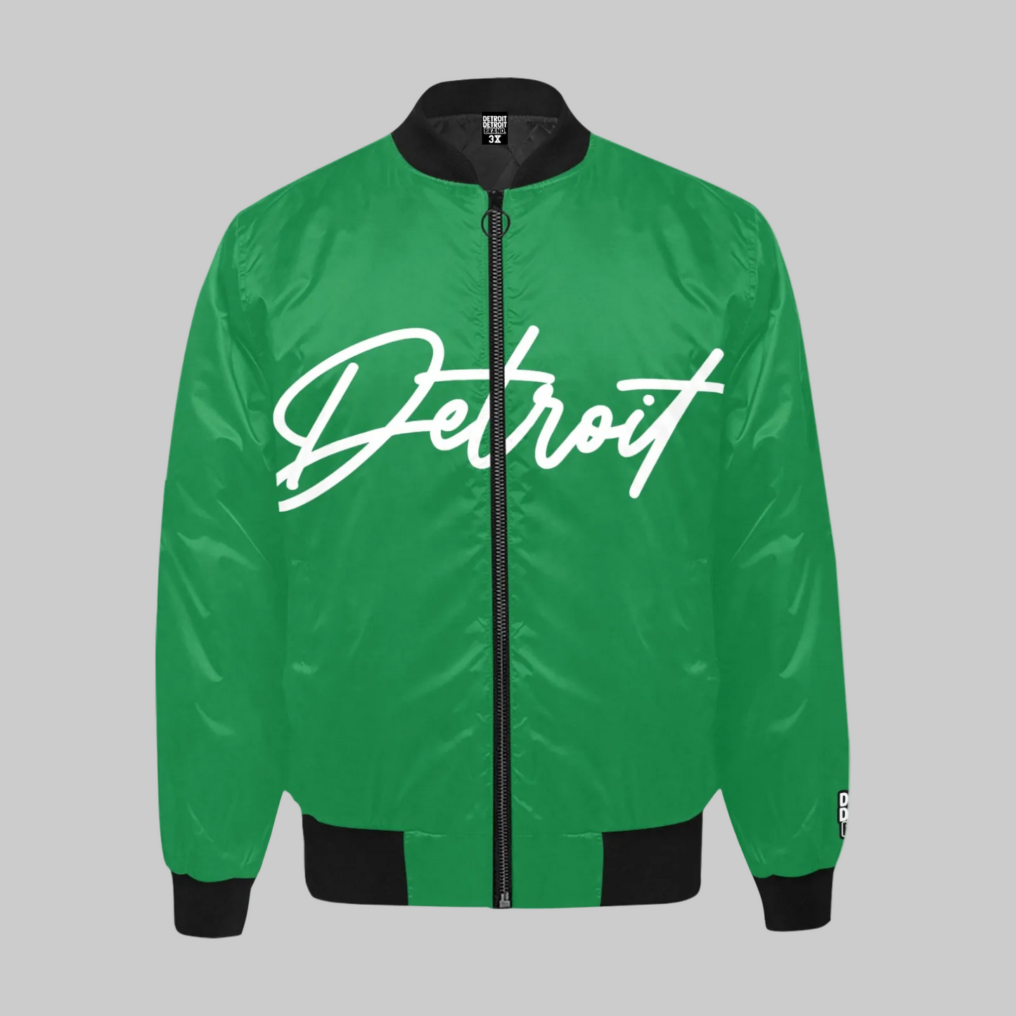 Green jacket with 'Detroit' text on a white background